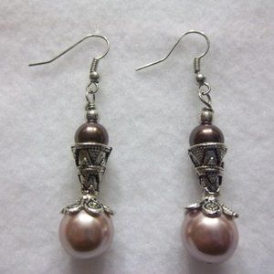 Dark Brown and Champagne Glass Chandelier Pearl Beaded Dangle Drop Earrings